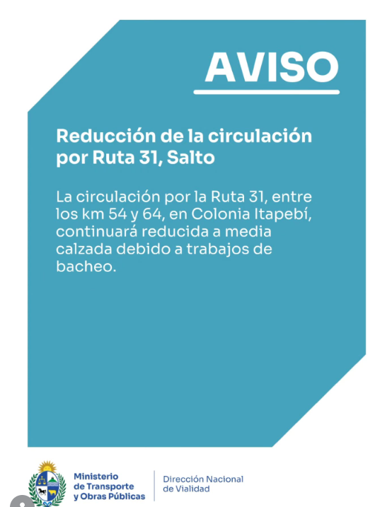 Obras en Ruta 31: amplían intervención entre los kilómetros 54 y 64 en Colonia Itapebí